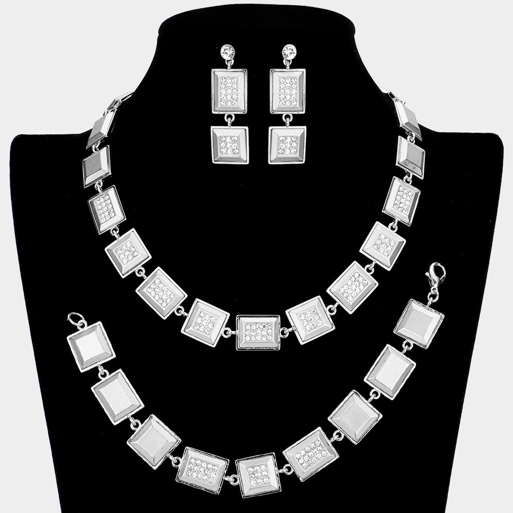 Elegant Rhinestone Silver Square Necklace and Earring Set